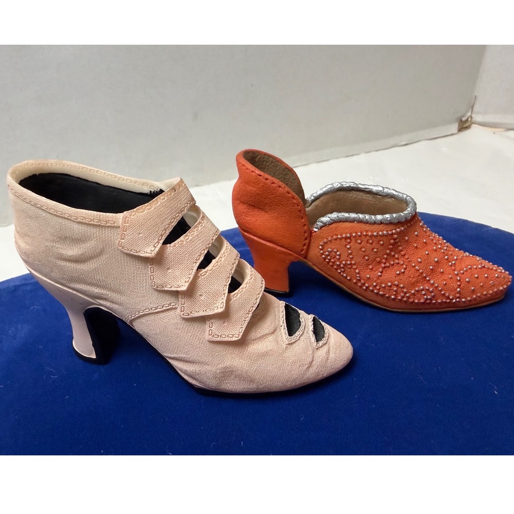 Vintage Miniature Resin Shoe Figurines Peach Victorian Bootie Orange Beaded Pump